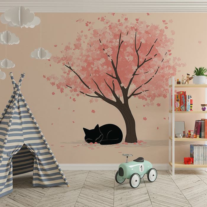 Barntapet | Svart katt sovande under ett blommande körsbärsträd