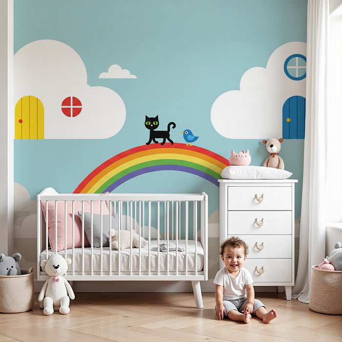 Baba szobai tapéta | Fekete macska és madár a szivárványon kék ég alatt