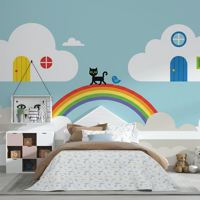Baba szobai tapéta | Fekete macska és madár a szivárványon kék ég alatt