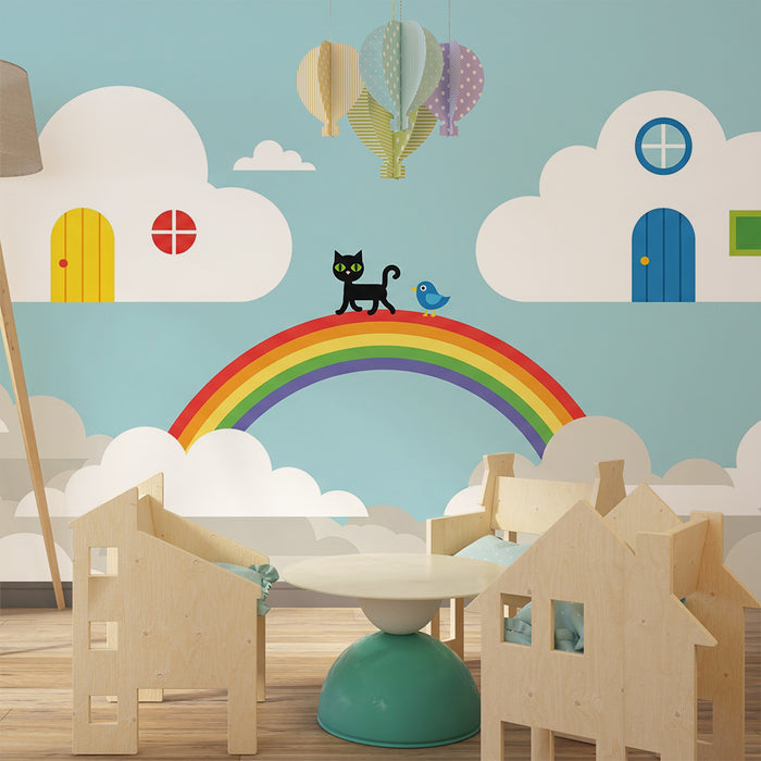 Baba szobai tapéta | Fekete macska és madár a szivárványon kék ég alatt