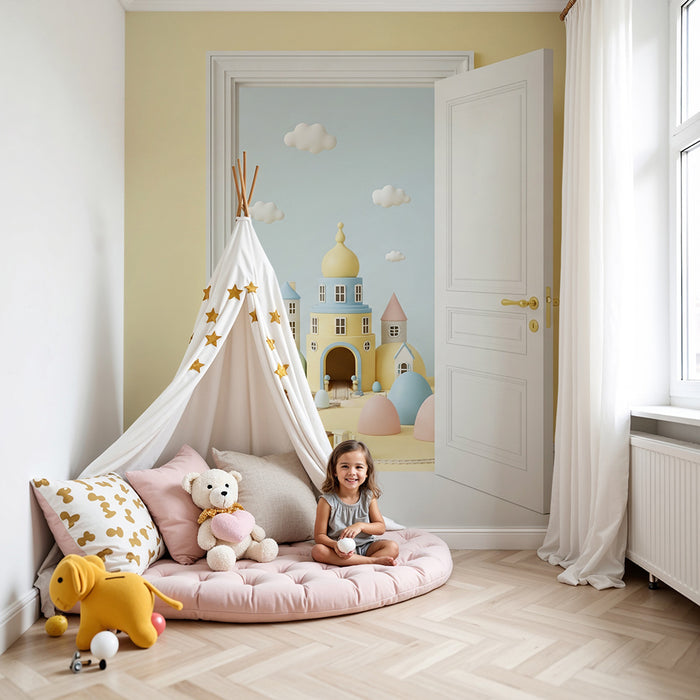 Papier peint chambre bébé | Château coloré avec nuages et train
