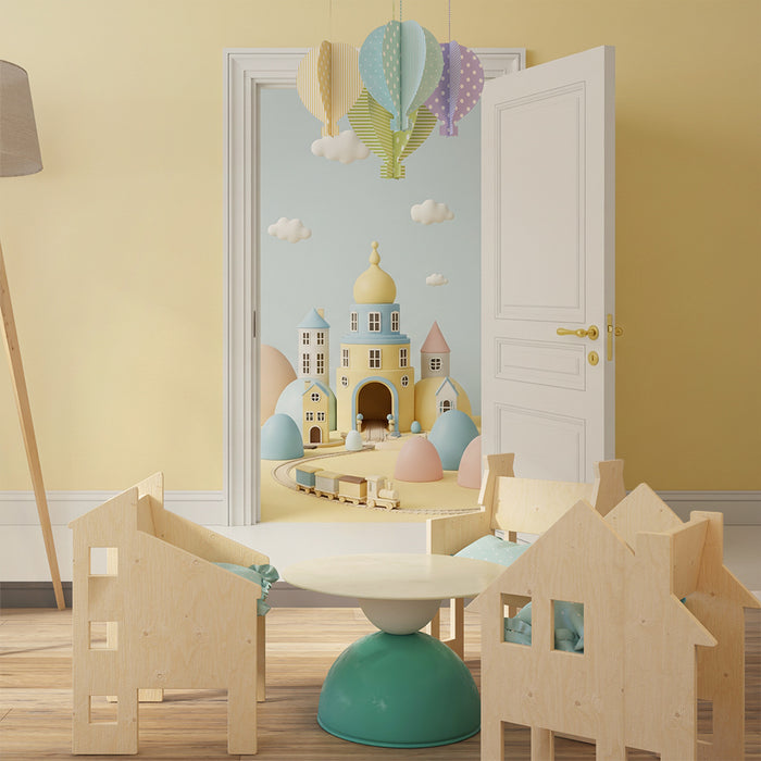 Papier peint chambre bébé | Château coloré avec nuages et train