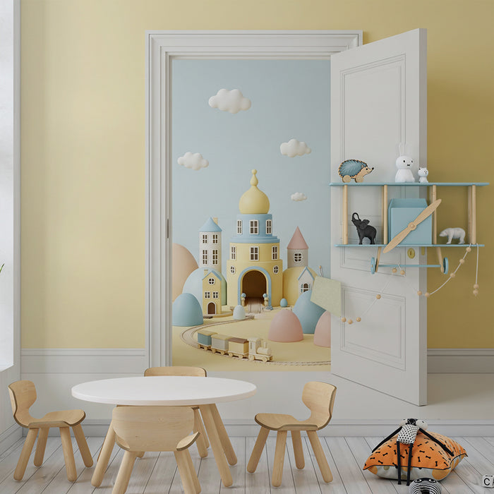 Papier peint chambre bébé | Château coloré avec nuages et train