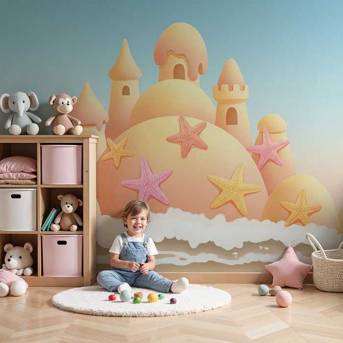 Papier peint chambre bébé | Château de sable et étoiles de mer sur fond pastel