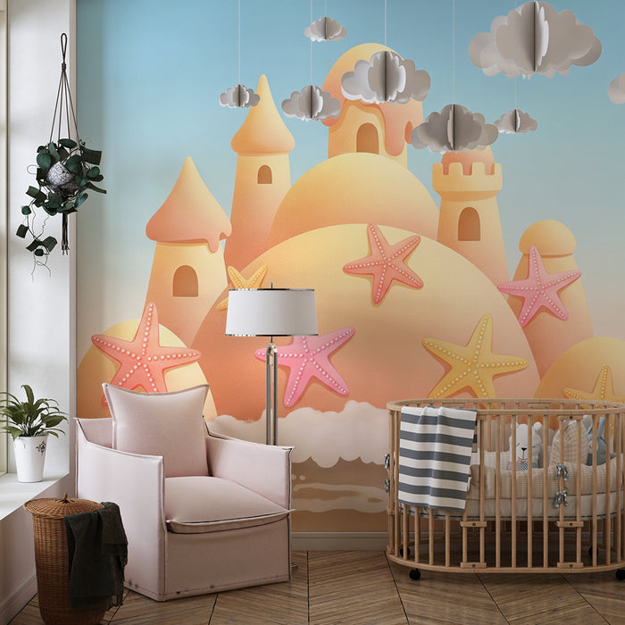 Papier peint chambre bébé | Château de sable et étoiles de mer sur fond pastel