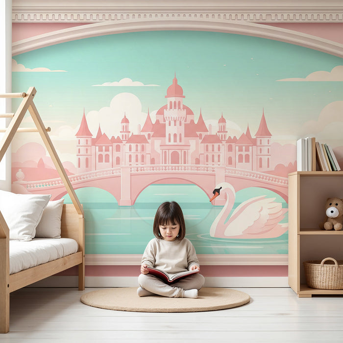 Papel de parede para quarto de bebé | Castelo de conto de fadas com cisne e céu pastel