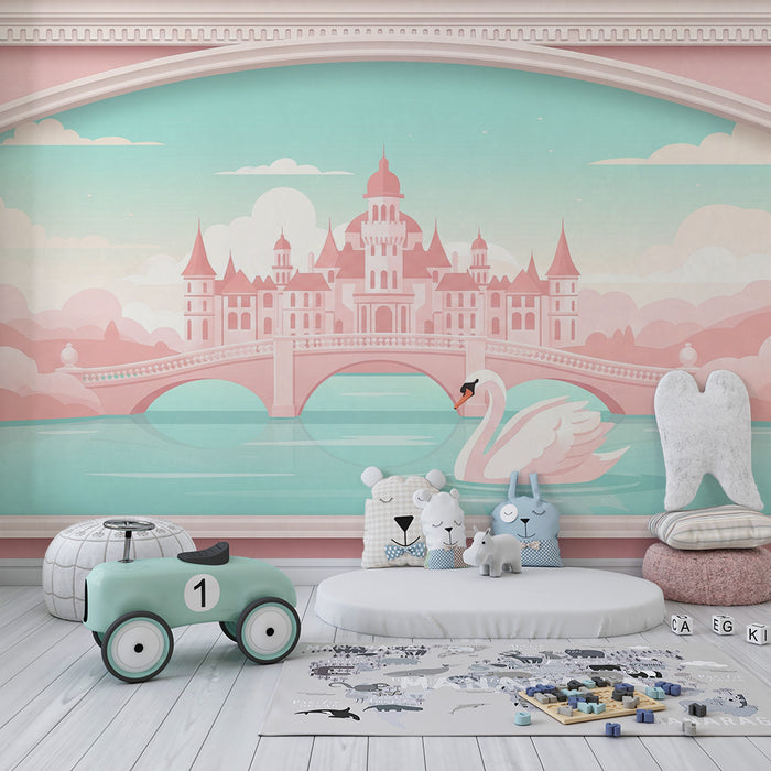 Papel de parede para quarto de bebé | Castelo de conto de fadas com cisne e céu pastel