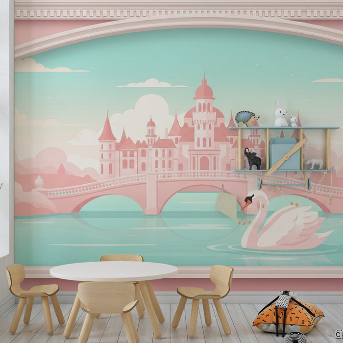 Papel de parede para quarto de bebé | Castelo de conto de fadas com cisne e céu pastel