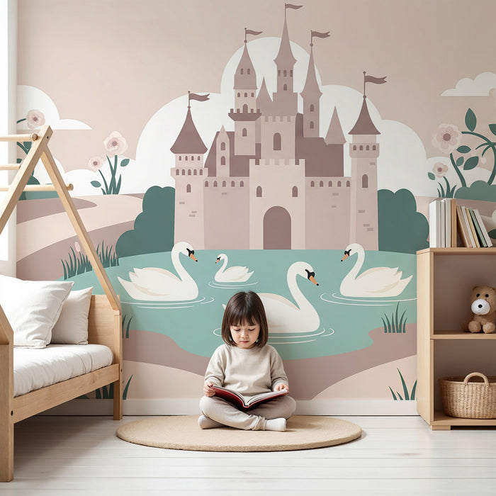 Papier peint chambre bébé | Château féerique avec cygnes et fleurs délicates
