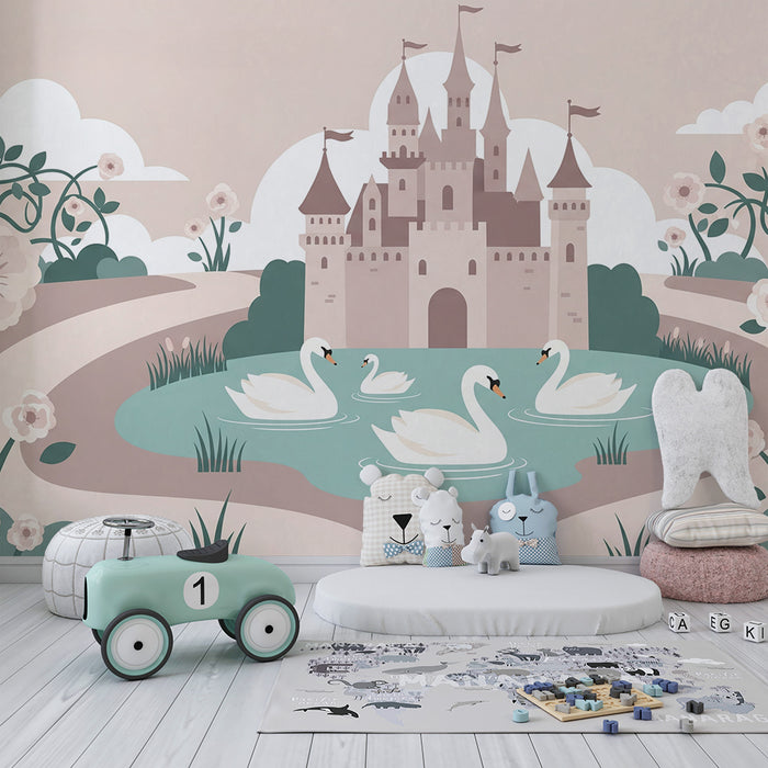 Papier peint chambre bébé | Château féerique avec cygnes et fleurs délicates
