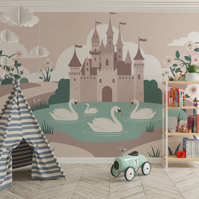 Papier peint chambre bébé | Château féerique avec cygnes et fleurs délicates