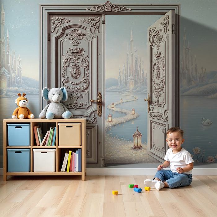 Papier peint chambre bébé | Château féerique avec cygnes et fleurs délicates