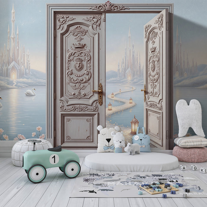 Papier peint chambre bébé | Château féerique avec cygnes et fleurs délicates