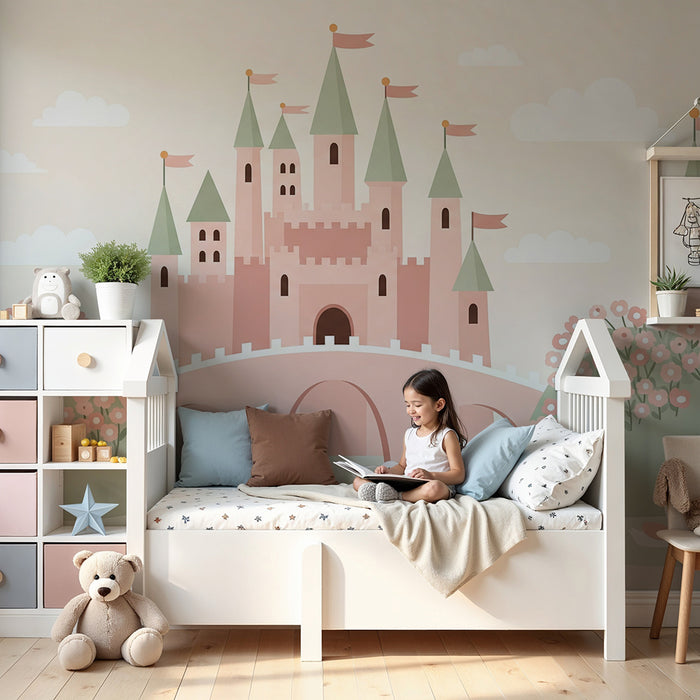 **Tapete fürs Babyzimmer | Märchenschloss mit Schwänen und Pastellblumen**