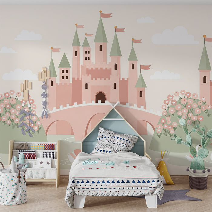 **Tapete fürs Babyzimmer | Märchenschloss mit Schwänen und Pastellblumen**