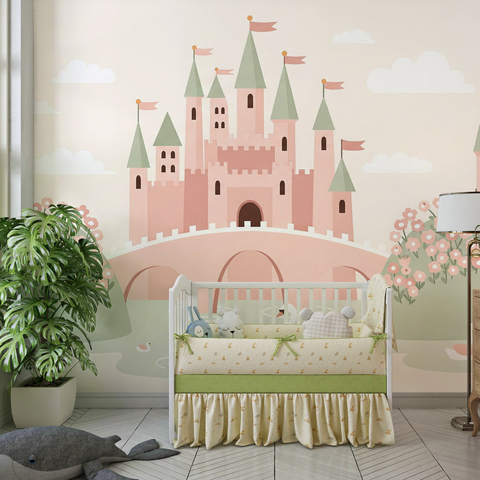 **Tapete fürs Babyzimmer | Märchenschloss mit Schwänen und Pastellblumen**