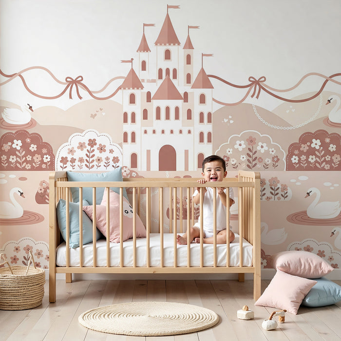 Papier peint chambre bébé | Château féerique avec cygnes et fleurs raffinées