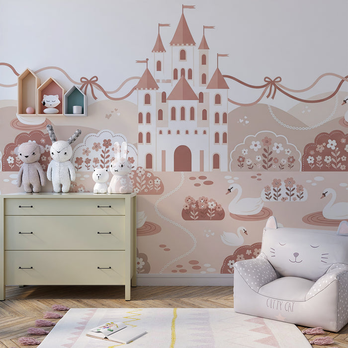 Papier peint chambre bébé | Château féerique avec cygnes et fleurs raffinées
