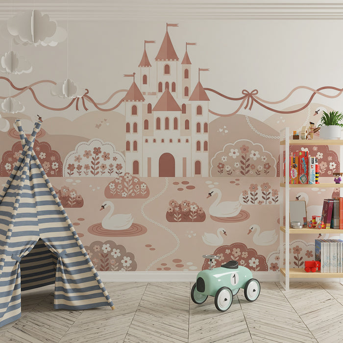Papier peint chambre bébé | Château féerique avec cygnes et fleurs raffinées