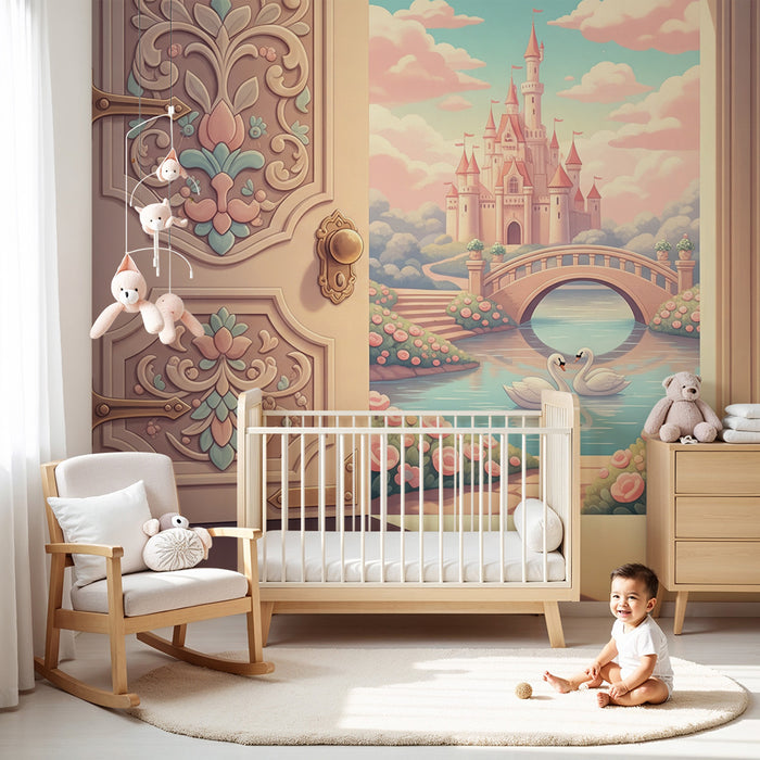 Papel de parede para quarto de bebé | Castelo de conto de fadas com cisnes e jardim florido