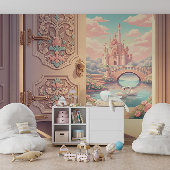 Papel de parede para quarto de bebé | Castelo de conto de fadas com cisnes e jardim florido