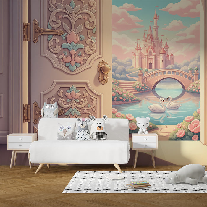 Papel de parede para quarto de bebé | Castelo de conto de fadas com cisnes e jardim florido