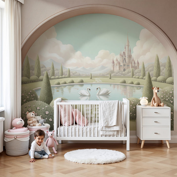 Papel de parede para quarto de bebé | Castelo de conto de fadas com cisnes e jardins encantadores