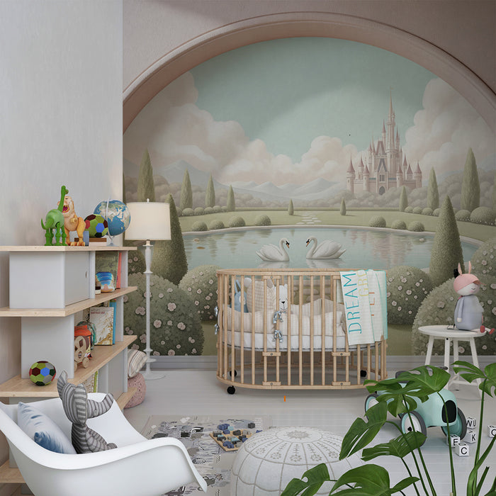 Papel de parede para quarto de bebé | Castelo de conto de fadas com cisnes e jardins encantadores