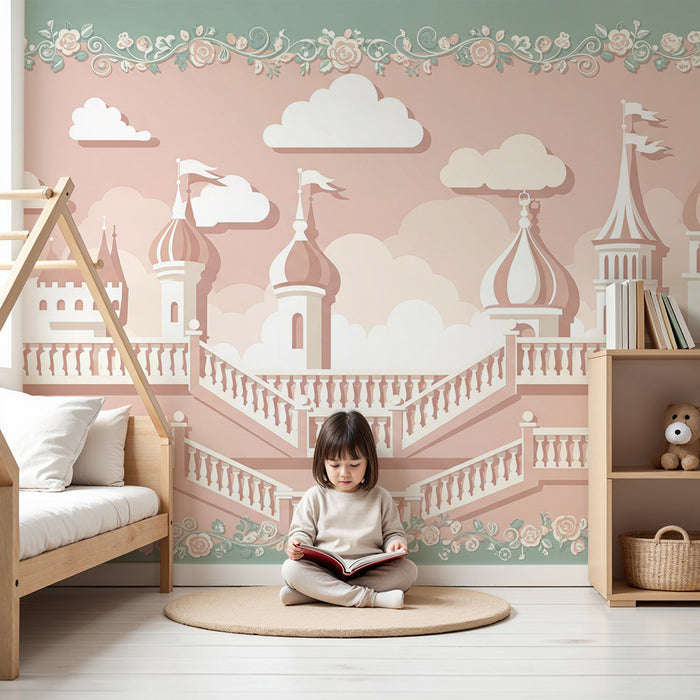 Papier peint chambre bébé | Château féerique avec escaliers et nuages doux