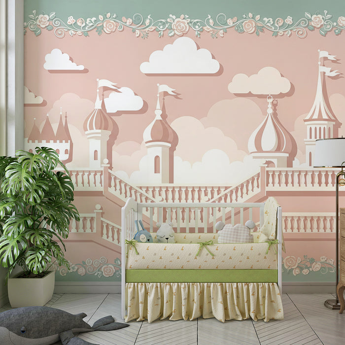 Papier peint chambre bébé | Château féerique avec escaliers et nuages doux