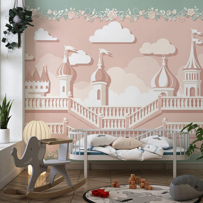 Papier peint chambre bébé | Château féerique avec escaliers et nuages doux