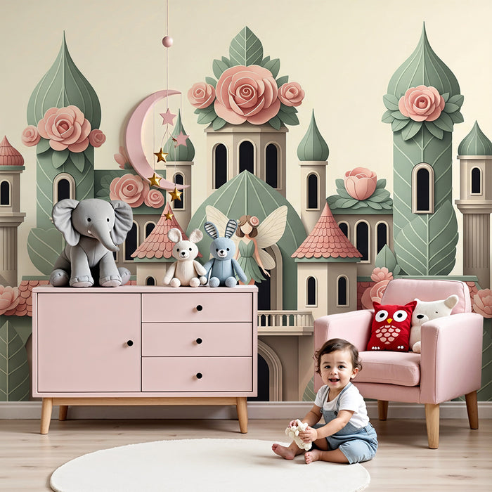 Papier peint chambre bébé | Château féerique avec fées et fleurs roses