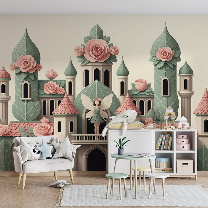 Papier peint chambre bébé | Château féerique avec fées et fleurs roses