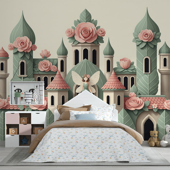 Papier peint chambre bébé | Château féerique avec fées et fleurs roses