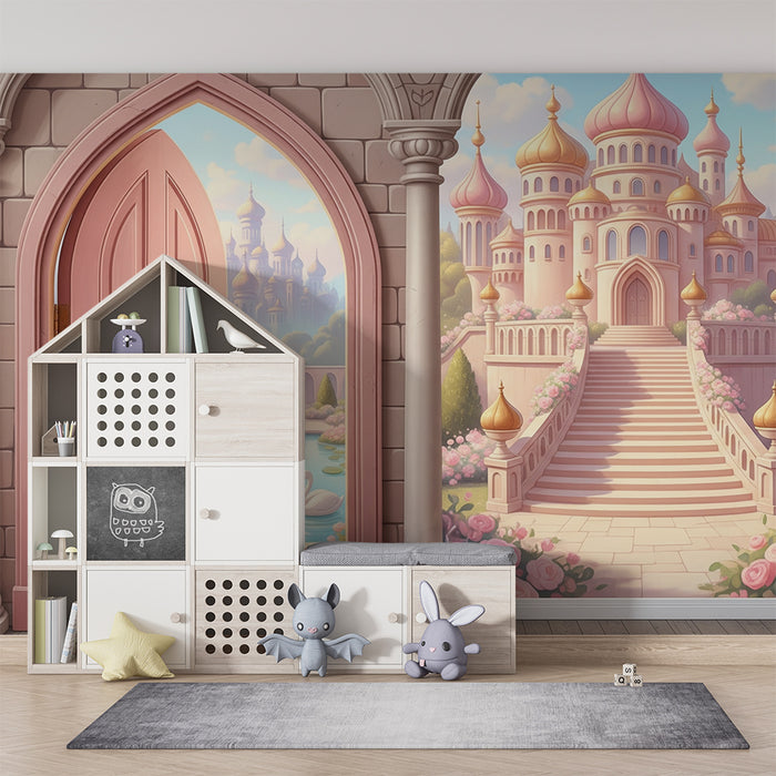 **Tapete fürs Babyzimmer | Märchenschloss mit Gärten und Schwänen**
