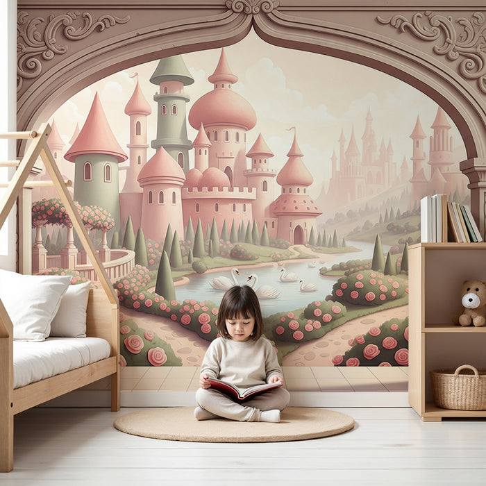 Papel de parede para quarto de bebé | Castelo de conto de fadas com jardins floridos e cisnes