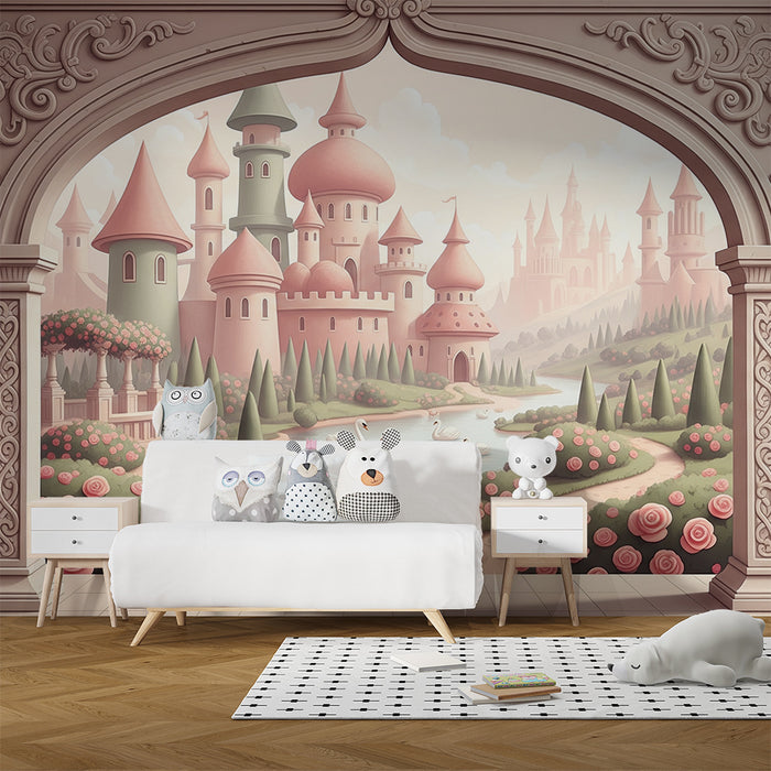 Papel de parede para quarto de bebé | Castelo de conto de fadas com jardins floridos e cisnes