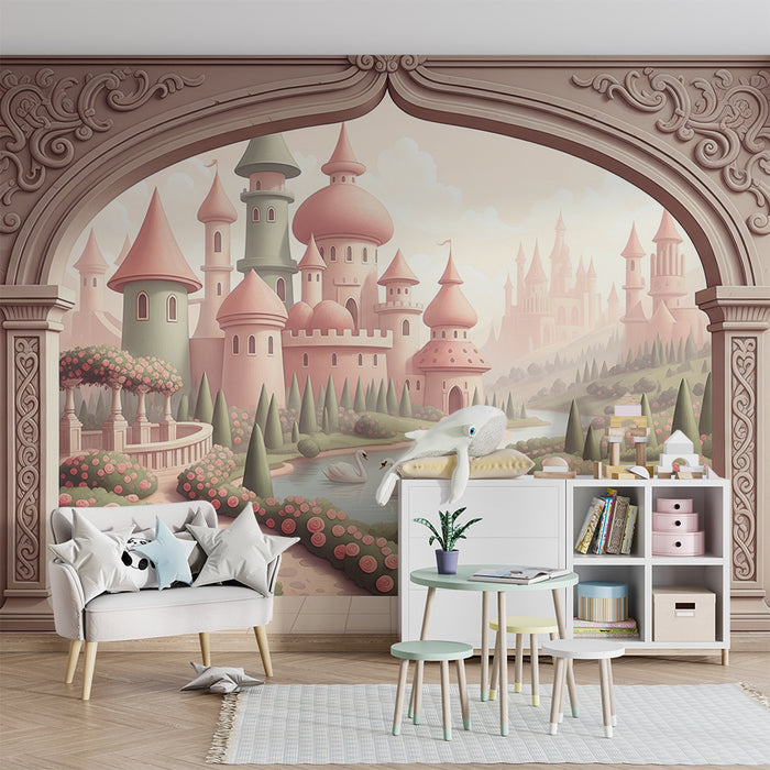Papel de parede para quarto de bebé | Castelo de conto de fadas com jardins floridos e cisnes