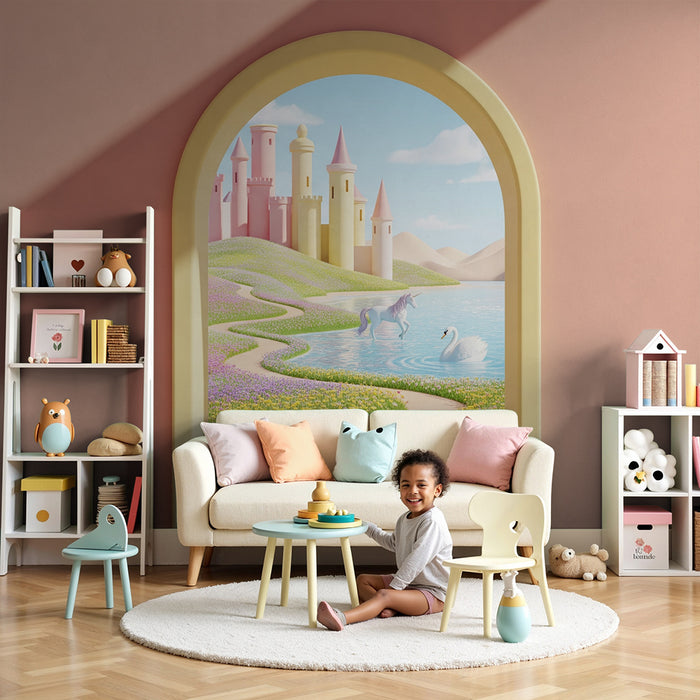 Papier peint chambre bébé | Château féerique avec licorne et cygne