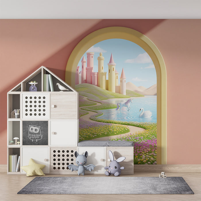 Papier peint chambre bébé | Château féerique avec licorne et cygne