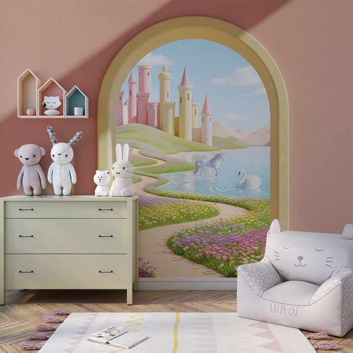 Papier peint chambre bébé | Château féerique avec licorne et cygne