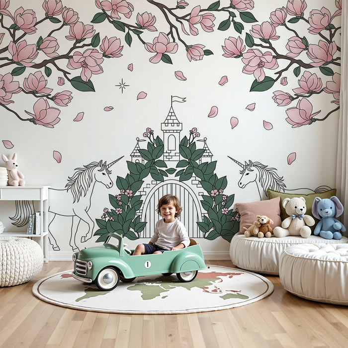 Papel de parede para quarto de bebé | Castelo encantado com unicórnios e flores de magnólia
