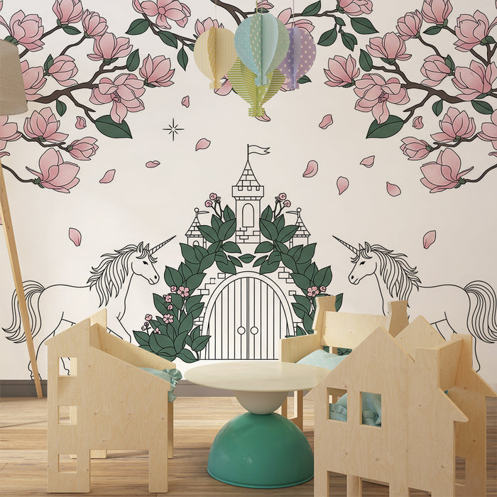 Papel de parede para quarto de bebé | Castelo encantado com unicórnios e flores de magnólia