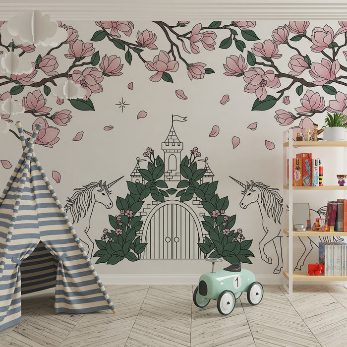 Papel de parede para quarto de bebé | Castelo encantado com unicórnios e flores de magnólia