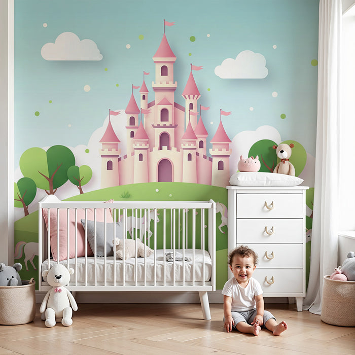 Papel de parede para quarto de bebé | Castelo encantado com unicórnios e paisagem de sonho