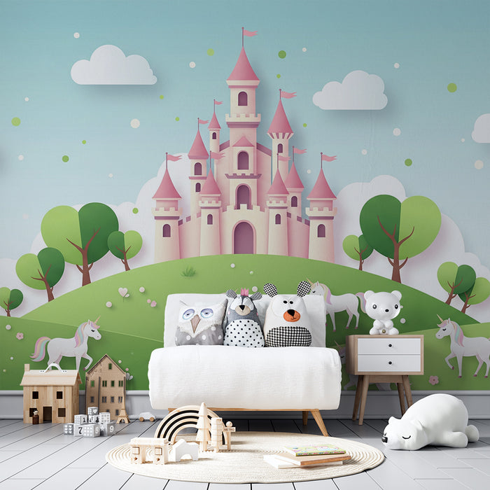 Papel de parede para quarto de bebé | Castelo encantado com unicórnios e paisagem de sonho