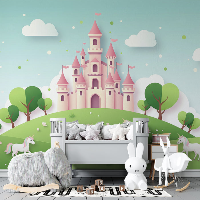 Papel de parede para quarto de bebé | Castelo encantado com unicórnios e paisagem de sonho