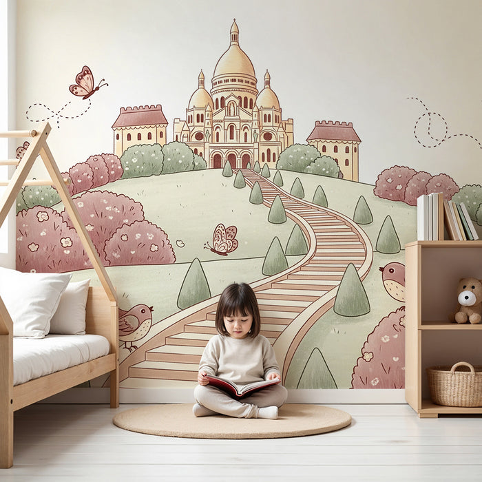 Papier peint chambre bébé | Château féerique avec oiseaux et papillons