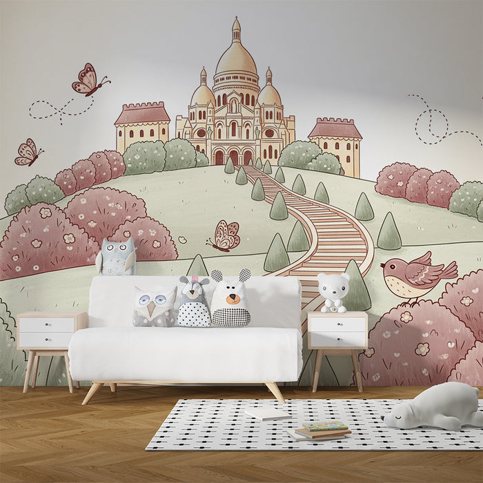 Papier peint chambre bébé | Château féerique avec oiseaux et papillons