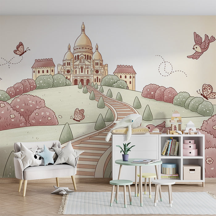 Papier peint chambre bébé | Château féerique avec oiseaux et papillons
